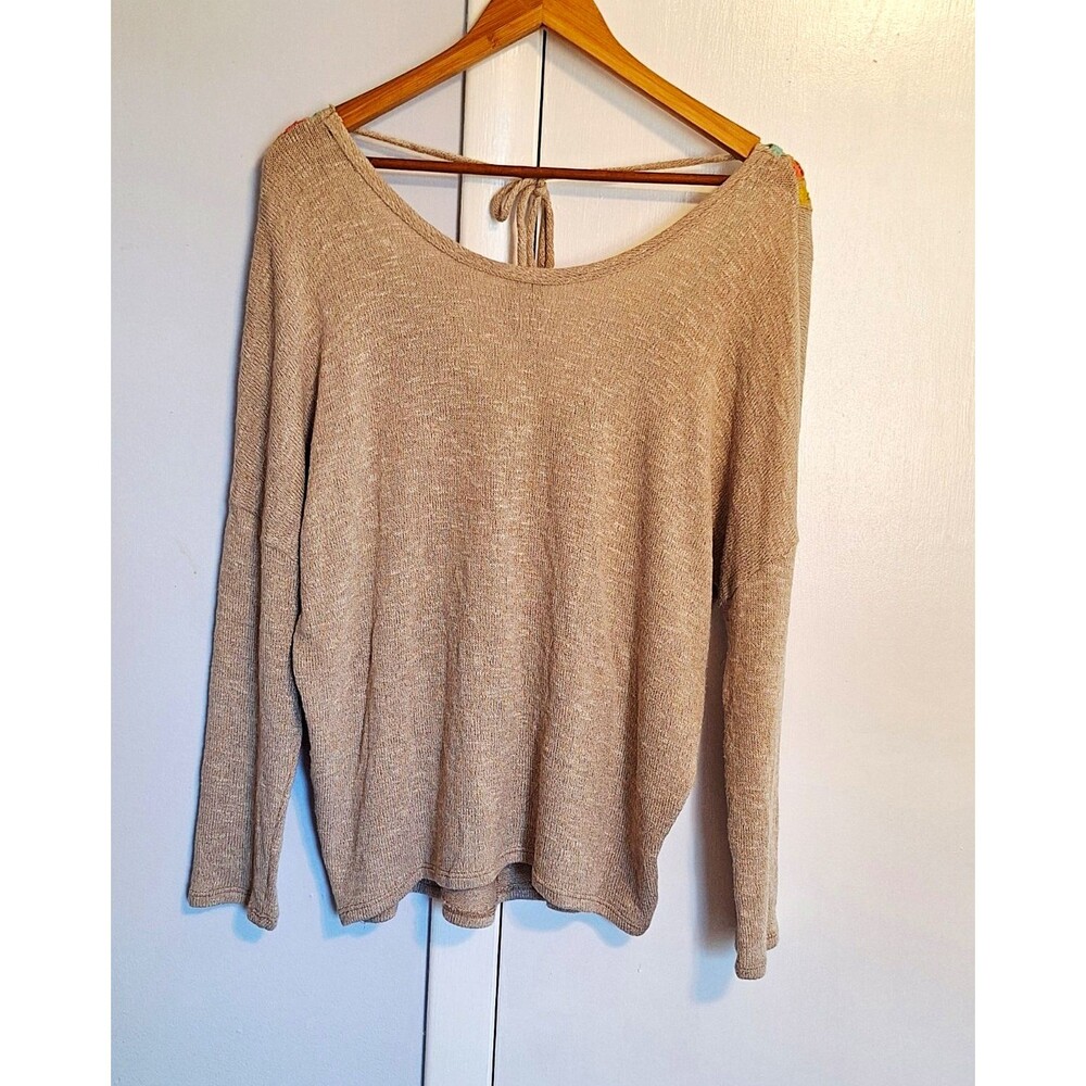 Wrangler Womens Southwestern Beige Knit Low Open Back Sweater Crochet Design XL